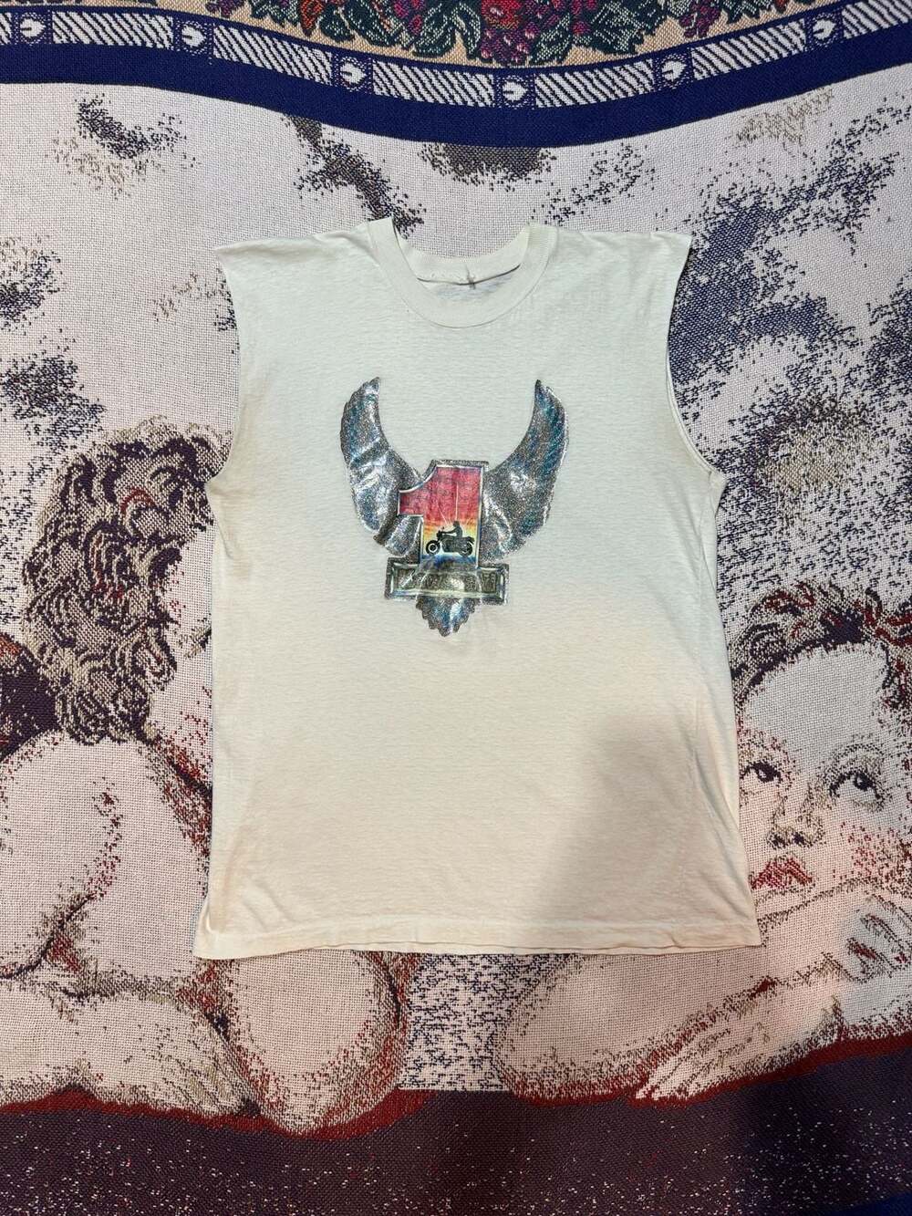 Vintage 80s Roach Kawasaki Motorcycle Glitter Graphic Cutoff Tank Top